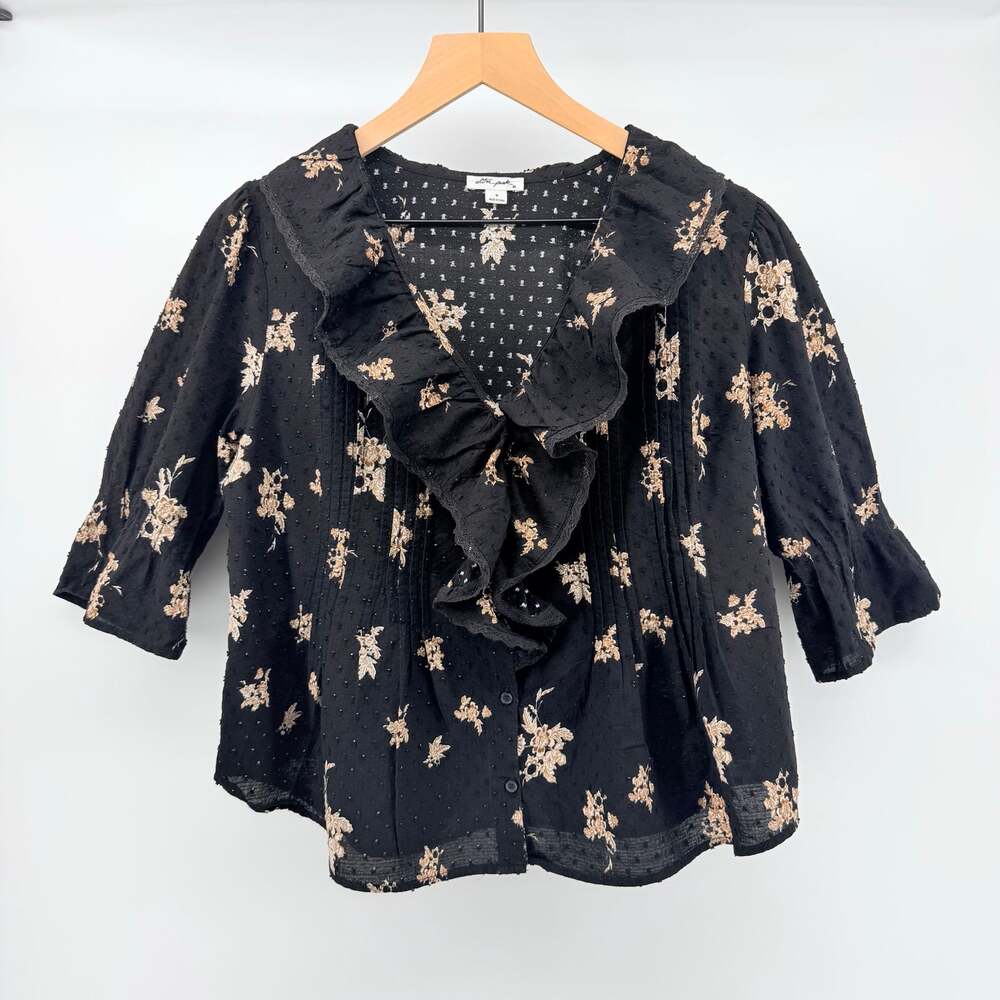 Ultra Pink Swiss Dot Floral Ruffle V-Neck Black Blouse Cottagecore Boho Coquette
